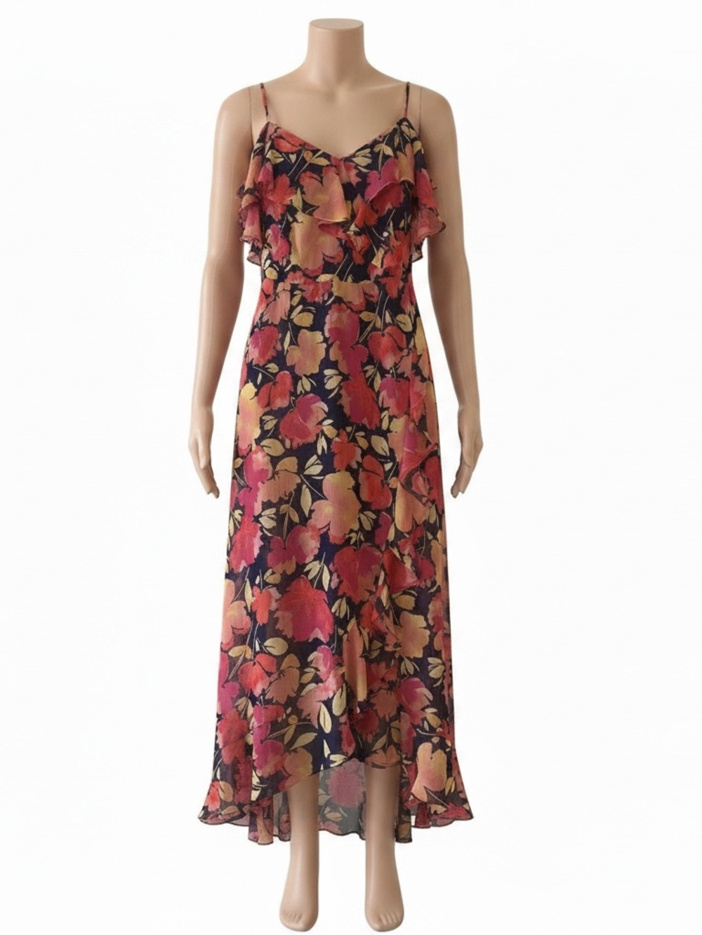 London Times Navy Floral High-Low Ruffle Slip Dress with Coral and Peach Blooms